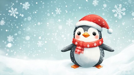 Obraz premium Cheerful penguin welcomes christmas winter wonderland digital illustration festive atmosphere front view holiday spirit
