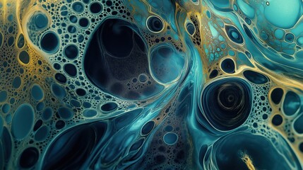 top view on teal, golden and black color abstract acrylic paint fluid art in marble shapes, on texture background