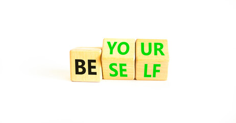 Motivational be yourself symbol. Concept words Be yourself on beautiful wooden block. Beautiful white table white background. Business motivational be yourself concept. Copy space.