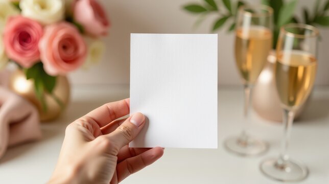 A hand holds a blank card in front of a floral bouquet and champagne glasses, perfect for invitations or announcements