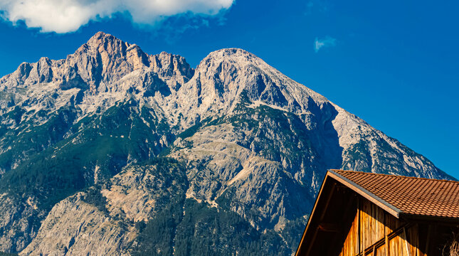 Alpine summer view of Mount Hohe Munde seen from Telfs, Innsbruck, Tyrol, Austria