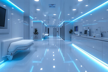 A modern medical office featuring advanced equipment, bright lighting, and clean minimalist design, showcasing a futuristic and professional healthcare environment with realistic details.

