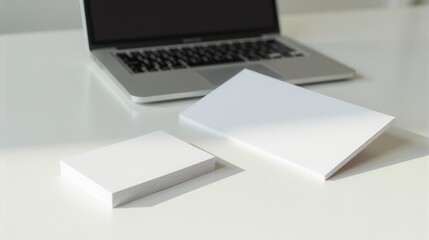 A laptop, pen, and blank business cards on a white desk create a professional and minimalist workspace setting