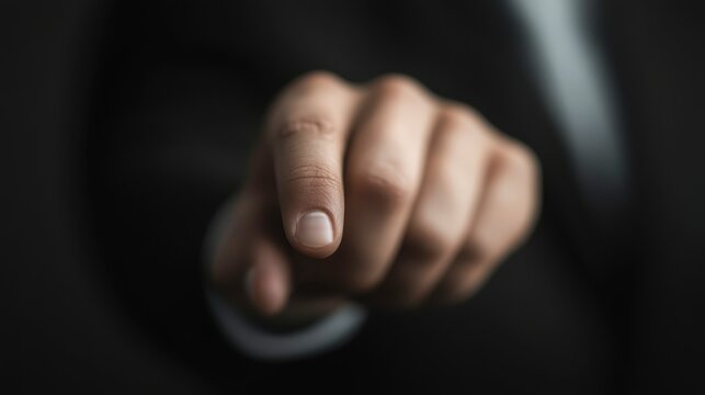 A close-up of a well-groomed hand pointing assertively, set against a dark background, This image symbolizes authority and decision-making, ideal for business presentations, motivational content