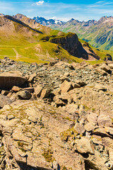 Alpine summer view at Mount Flimjoch, Ischgl, Paznaun, Silvretta, Landeck, Tyrol, Austria