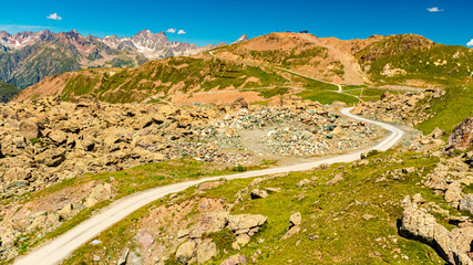 Alpine summer view at Mount Flimjoch, Ischgl, Paznaun, Silvretta, Landeck, Tyrol, Austria