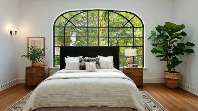 Bright and welcoming bedroom showcases beautiful natural light, stylish decor, and a calming atmosphere for relaxation and comfort