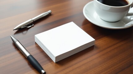Business card on wooden desk with elegant pen and coffee cup in warm sunlight, ideal for networking and professional branding visuals