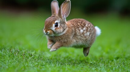 Obraz premium A rabbit leaping across a grassy field, showcasing its agility and playful nature.
