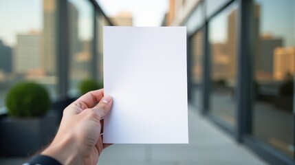 A person holds a blank sheet in focus against a blurred urban street scene with pedestrians