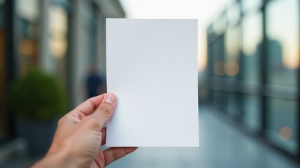 A person holds a blank sheet in focus against a blurred urban street scene with pedestrians