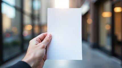 A person holds a blank sheet in focus against a blurred urban street scene with pedestrians