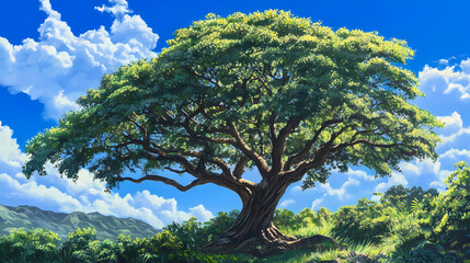Obraz premium Majestic ironwood tree in lush hawaii landscape with vibrant greenery and clear blue skies above. Ebonwood. Illustration