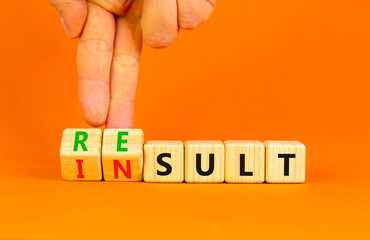 Result or insult symbol. Concept words Result Insult on wooden cubes. Beautiful orange table orange background. Businessman hand. Business and result or insult concept. Copy space.