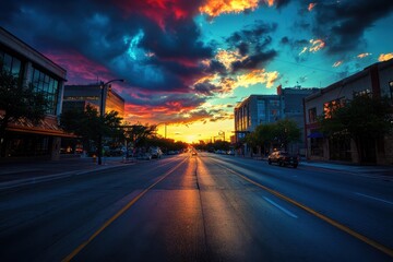 Fototapeta premium Colorful hues of orange and blue light up the sky at sunset, casting reflections on the wet asphalt of a city street lined with trees and buildings.