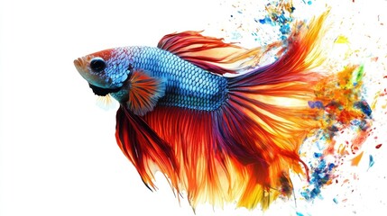 Fototapeta premium A vibrant betta fish with flowing fins, surrounded by colorful splashes of paint.