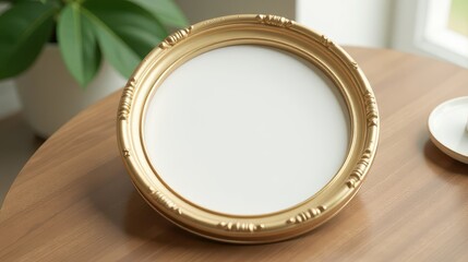 Obraz premium A round golden photo frame on a wooden table with blurred green plants in the background, creating a cozy atmosphere