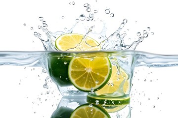 Fresh limes splashing into water, creating dynamic droplets and a refreshing visual effect.