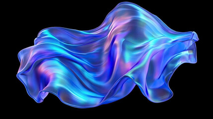 Obraz premium Abstract Iridescent Cloth Wave, 3D Render, Flowing Metallic Texture, Vibrant Gradient Colors, Dynamic Motion, Isolated on Black Background, Futuristic and Elegant Design Concept