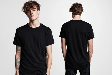 A young man stands confidently in a black t-shirt, displaying both front and back views. He has tousled hair and subtle tattoos on his arms, set against a simple backdrop.