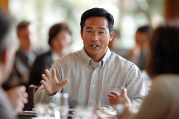 A gorgeous, sure, and fit Asian Chinese man seats a gathering with his group amid the day in the workplace. He is expertly wearing a shirt and pants and is motioning as he, Generative AI