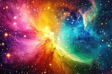 Fototapeta premium A colorful nebula glows in deep space, featuring swirling bands of pink, purple, blue, and green with a backdrop of sparkling stars illuminating the scene.