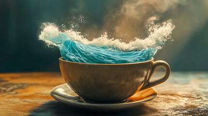 Cinemagraph of a Coffee Cup with Gently Moving Ocean Wave Inside