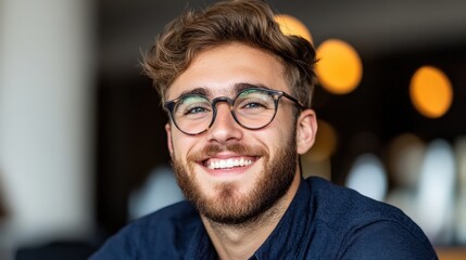 A young man with glasses smiles warmly, showcasing a friendly personality, Ideal for lifestyle articles, educational content, or promotional materials focused on positivity and engagement,
