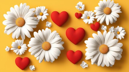 Obraz premium Colorful hearts and flowers arrangement bright yellow background graphic design cheerful atmosphere aesthetic viewpoint