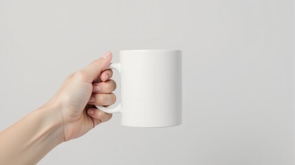 A hand holds a blank white mug against a simple white background, perfect for branding and design mockups