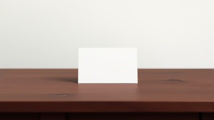 Fototapeta premium A blank white business card is elegantly positioned on a smooth wooden table, offering a minimalist yet professional aesthetic