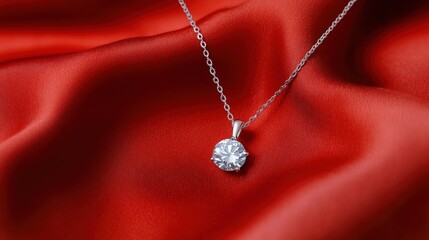 Elegant Diamond Pendant Resting on Luxurious Red Silk Background Highlighting the Glamour and Sophistication of Fine Jewelry and Fashion Accessories