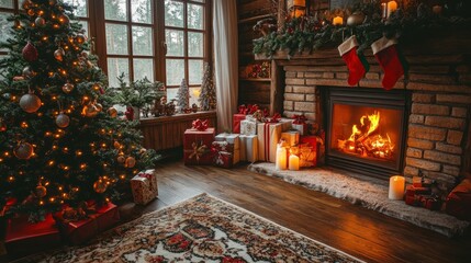 A cozy holiday scene featuring a decorated Christmas tree, gifts, and a warm fireplace.
