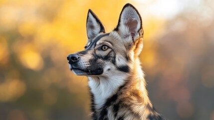 Naklejka premium A close-up portrait of a dog with striking features against a blurred autumn backdrop.