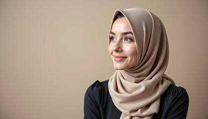 Minimalistic portrait of a hijab girl in a beige setting, with ample space for text, ideal for a banner highlighting World Hijab Day.