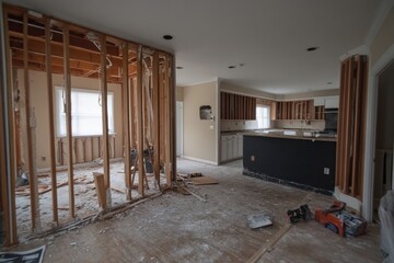 Renovation progress in a living room area with construction materials and tools scattered throughout