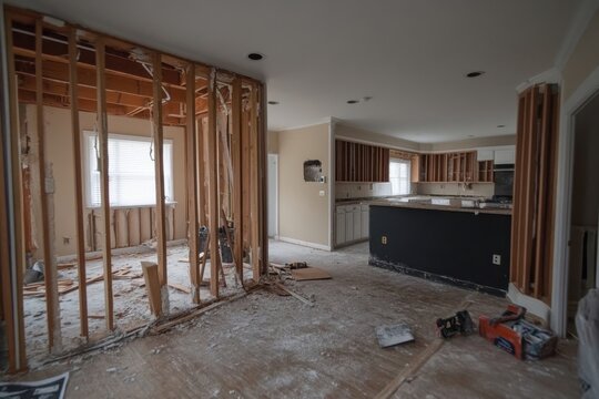 Renovation progress in a living room area with construction materials and tools scattered throughout