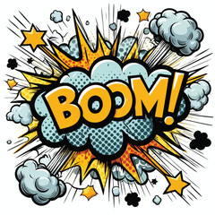 Cartoon comic sign burst cloud. Speech bubble, boom sign expression and   on a white background