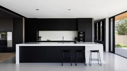 A modern kitchen with bold black cabinetry, a contrasting white island, and minimalistic bar stools