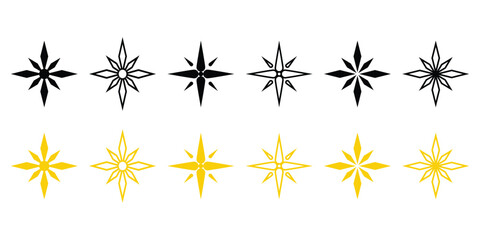 Sparkles, stars and bursts icons, twinkling stars. Vector set of different black sparkles. Set of black stars. Set of star sparkling and twinkling cartoon. Vector illustration.