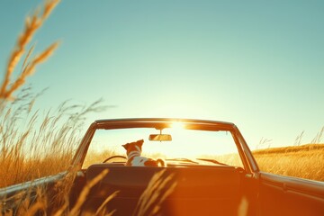 A dog lounges in the backseat of a convertible, basking in the warm sunlight while driving through tall grass fields at sunset, capturing a moment of carefree joy.