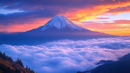 Fototapeta premium Majestic snow-capped mountain peak at sunrise above a sea of clouds.