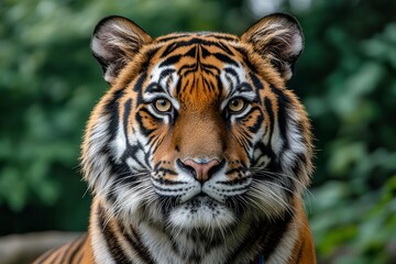 Fototapeta premium Majestic Close-Up of a Tiger Showcasing Bold Black and Orange Stripes With Detailed Fur Texture. Generative AI
