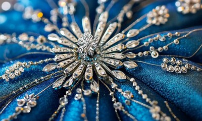 Close-up of a Blue Ornate Christmas Ornament with Sparkling Crystal Snowflake