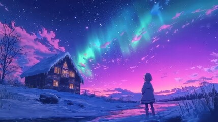 Young girl anime character alone in a snowy landscape, aurora borealis lights and ice house 