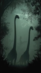 Two dinosaur silhouettes in a misty forest, evoking a prehistoric atmosphere.