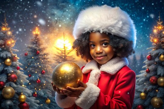 Anime girl congratulates on winter holidays_African American girl in stylized Santa outfit holding a large Christmas tree ball while standing in a winter forest among 3 decorated Christmas trees