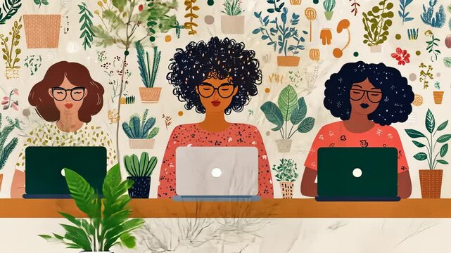 Smiling Woman with Afro Working on Laptop in Office Vector Illustration