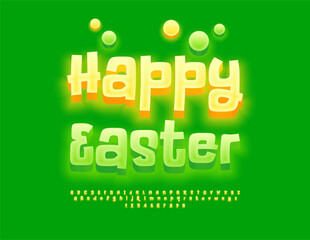 Vector Festive Greeting Card Happy Easter. Playful Green Font. Joyful Glowing Alphabet Letters and Numbers