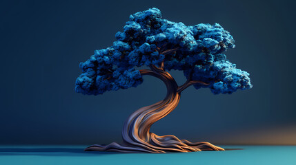A whimsical 3d illustration of a stylized ironwood tree with a dark blue and brown color scheme. Ebonwood. Illustration